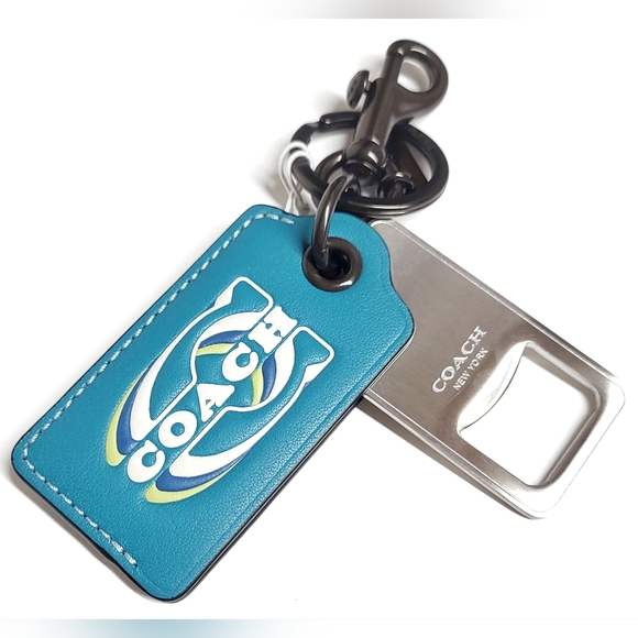 Coach Bottle Opener Key Fob with Stamp Keychain JI/Teal Multi Leather NWT - Picture 11 of 16